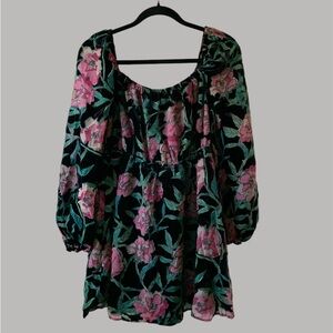 Black Floral Dress With Velvet Details, open back and Tie Up Bow Size XL